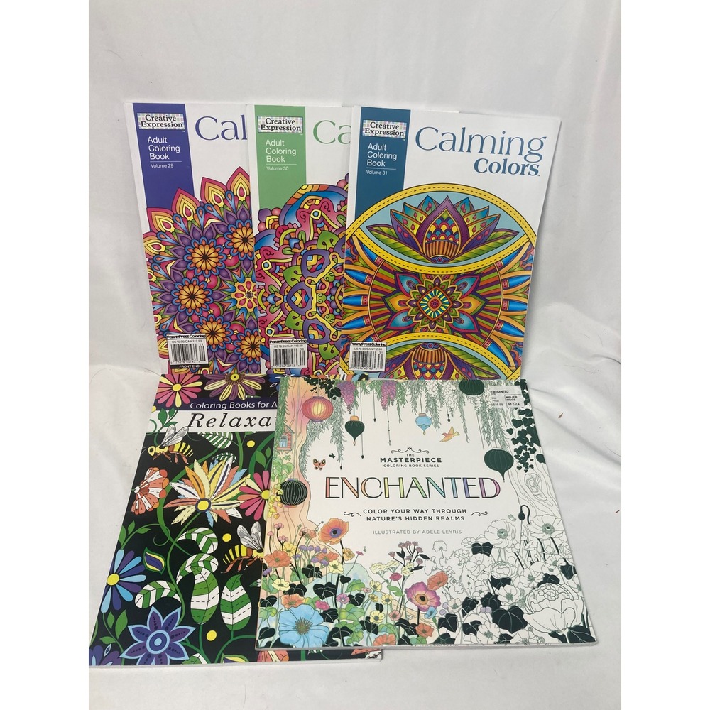Adult Coloring Books 5 Book Lot NEW Calming Colors Enchanted Relaxation